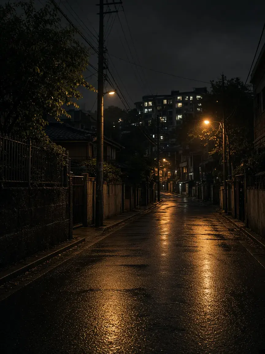 가로등 아래 비에 젖은 빈 골목.