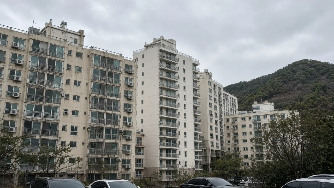 흐린 날 산 아래로 늘어선 아파트 단지.